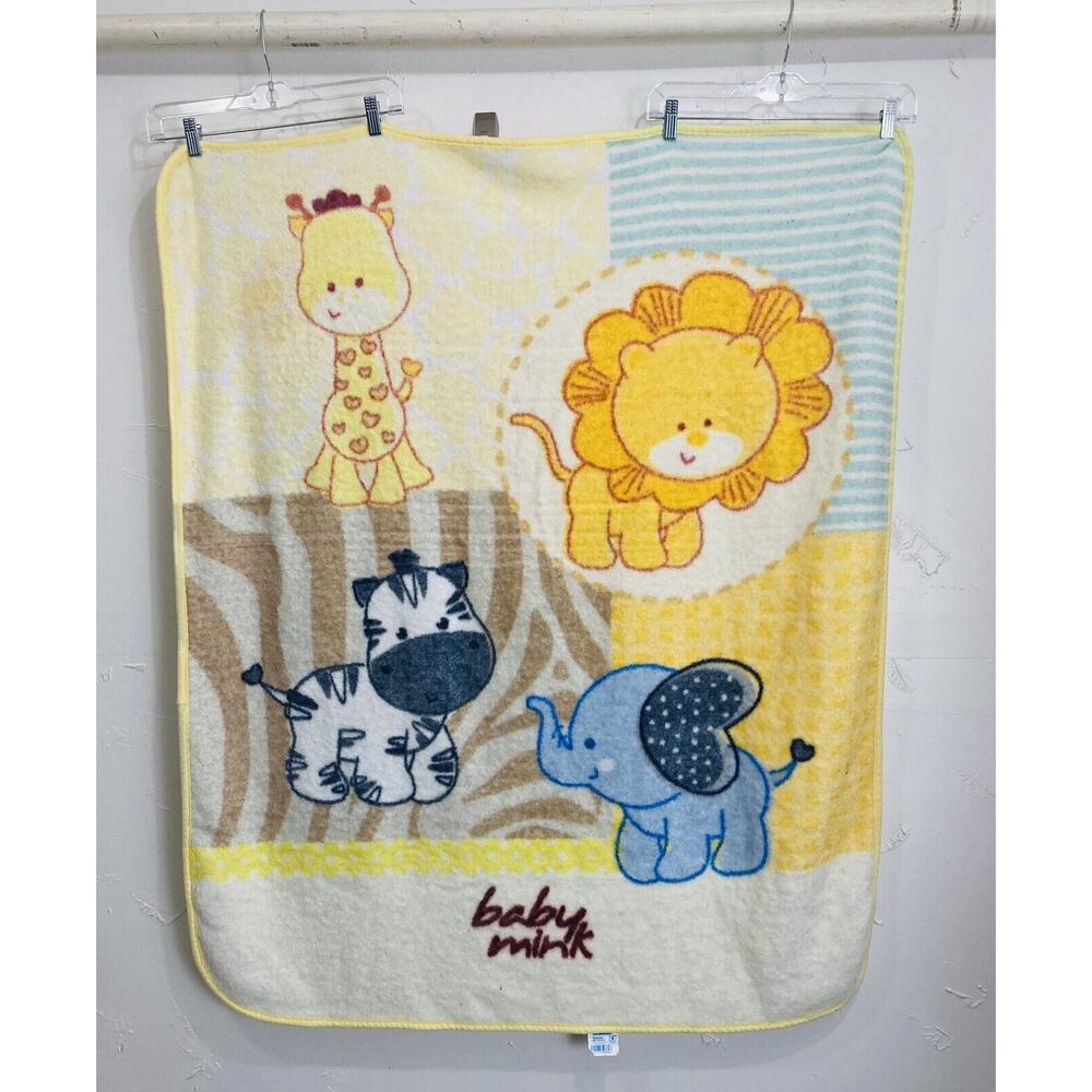 Baby Mink Plush Blanket Yellow Zoo Animals Giraffe Lion Zebra Elephant VTG Mexic